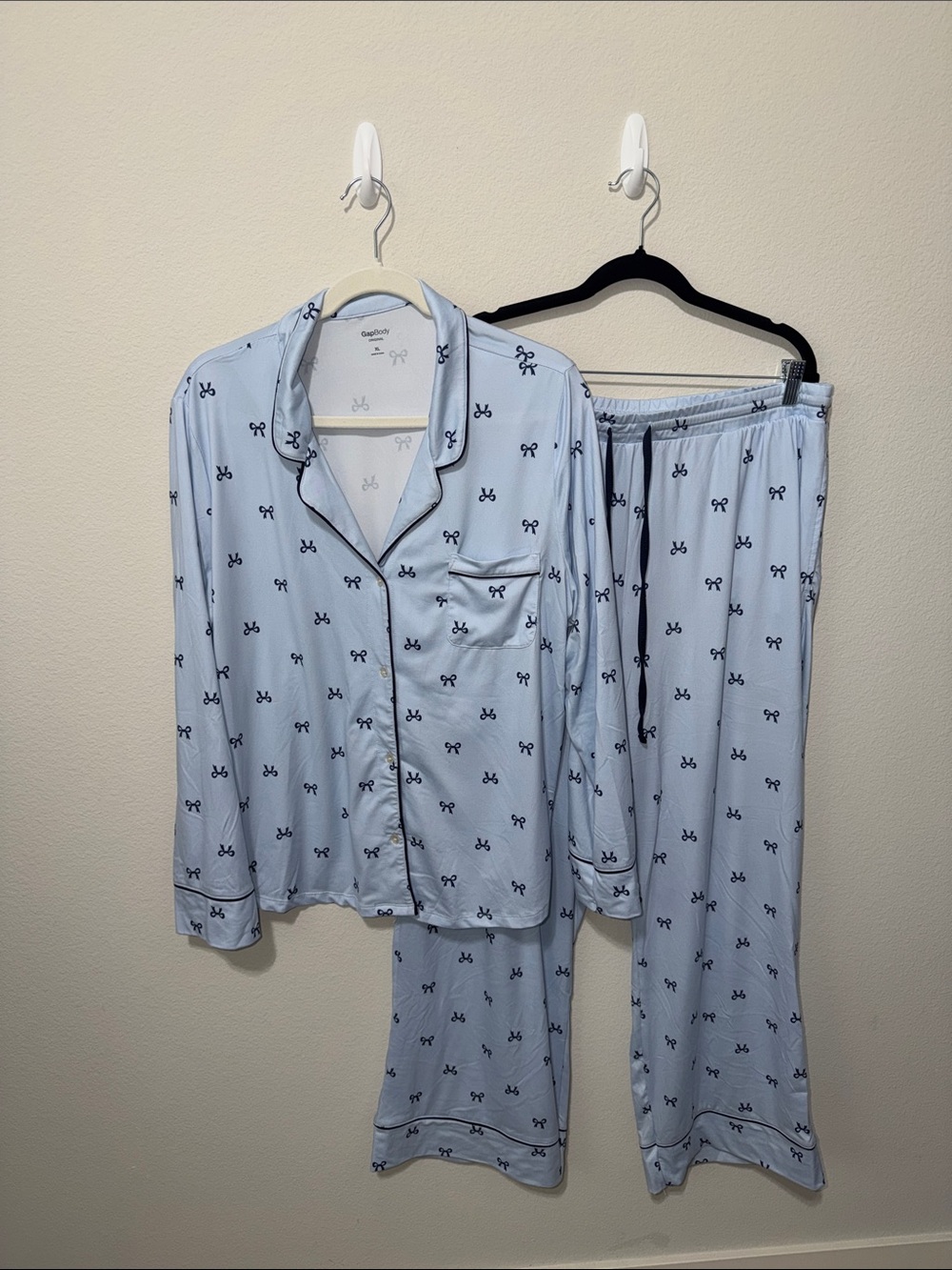 Women's Light Blue Satin Pajama Set with Navy Bow Detail